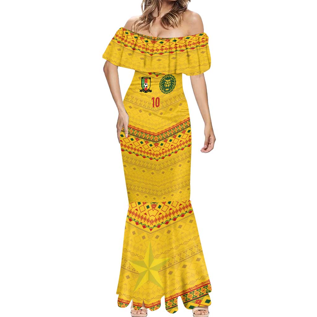 Custom Cameroon Football Mermaid Dress Tribal Motifs Yellow Color - Wonder Print Shop
