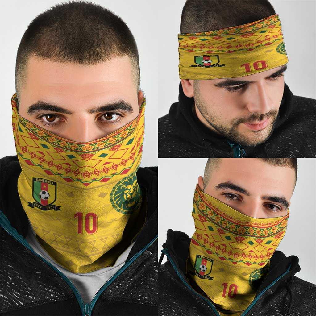 Custom Cameroon Football Neck Gaiter Tribal Motifs Yellow Color - Wonder Print Shop