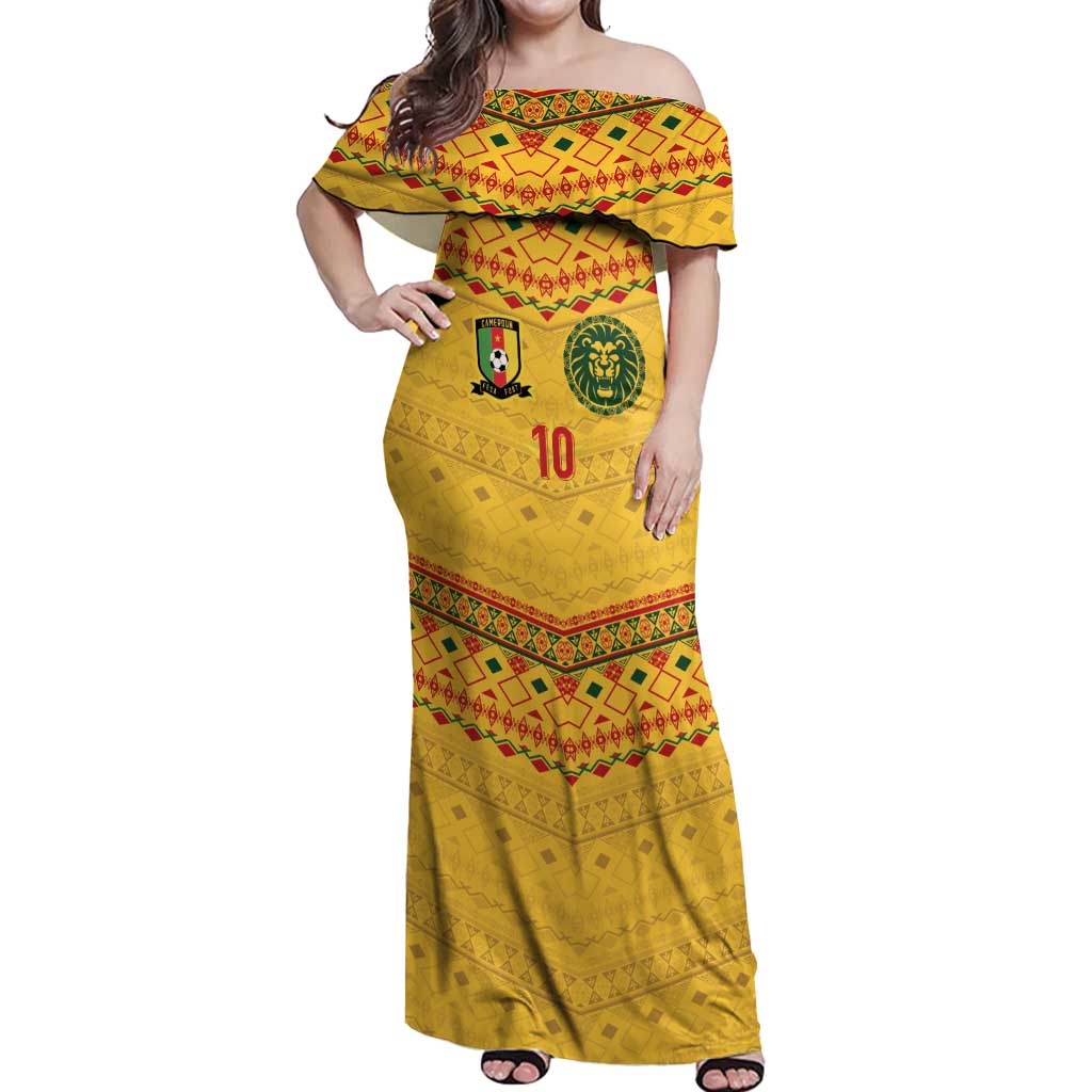 Custom Cameroon Football Off Shoulder Maxi Dress Tribal Motifs Yellow Color - Wonder Print Shop