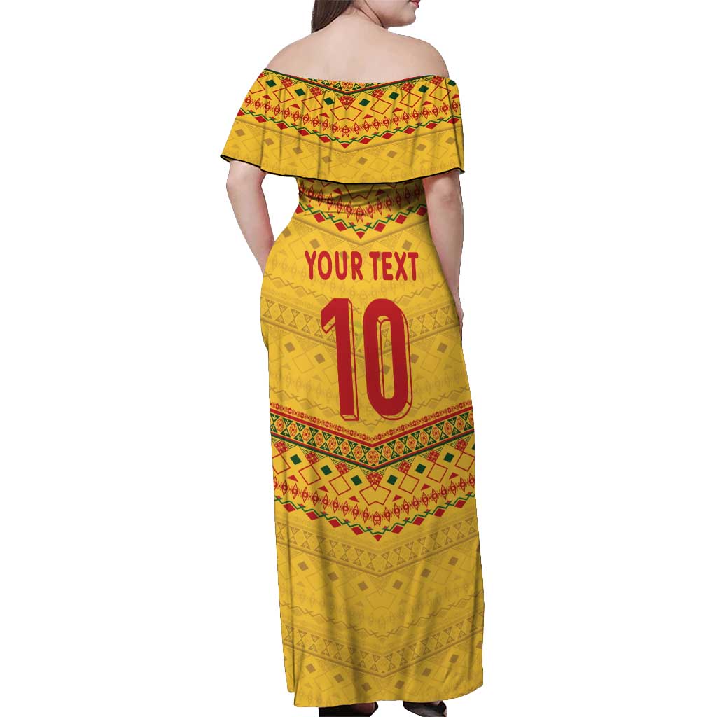 Custom Cameroon Football Off Shoulder Maxi Dress Tribal Motifs Yellow Color - Wonder Print Shop