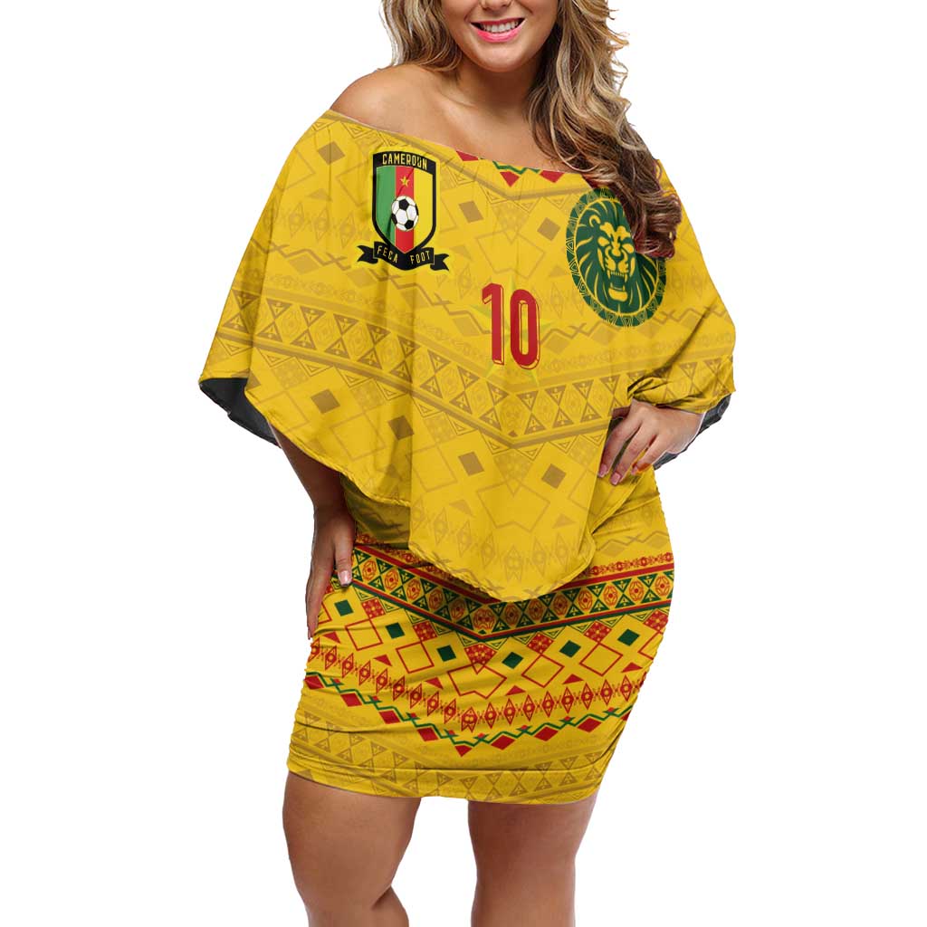 Custom Cameroon Football Off Shoulder Short Dress Tribal Motifs Yellow Color - Wonder Print Shop