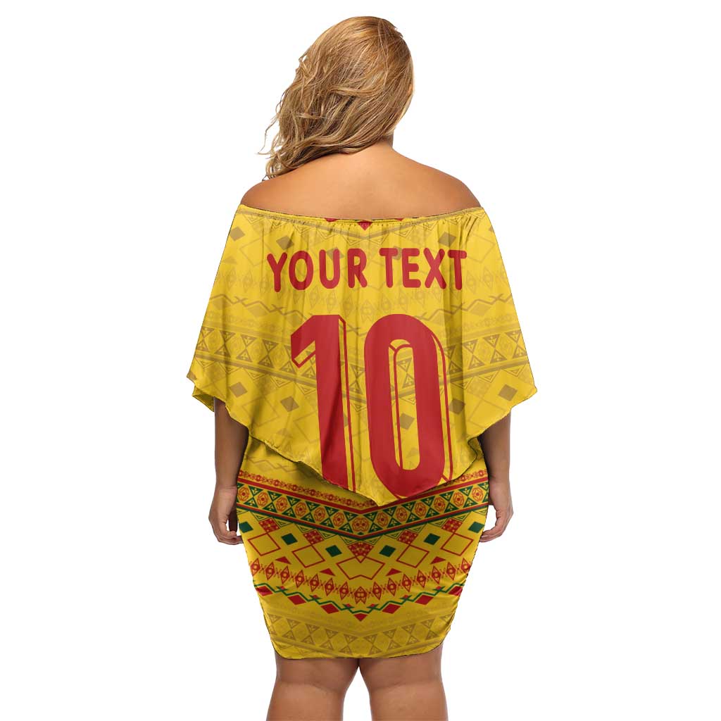 Custom Cameroon Football Off Shoulder Short Dress Tribal Motifs Yellow Color - Wonder Print Shop