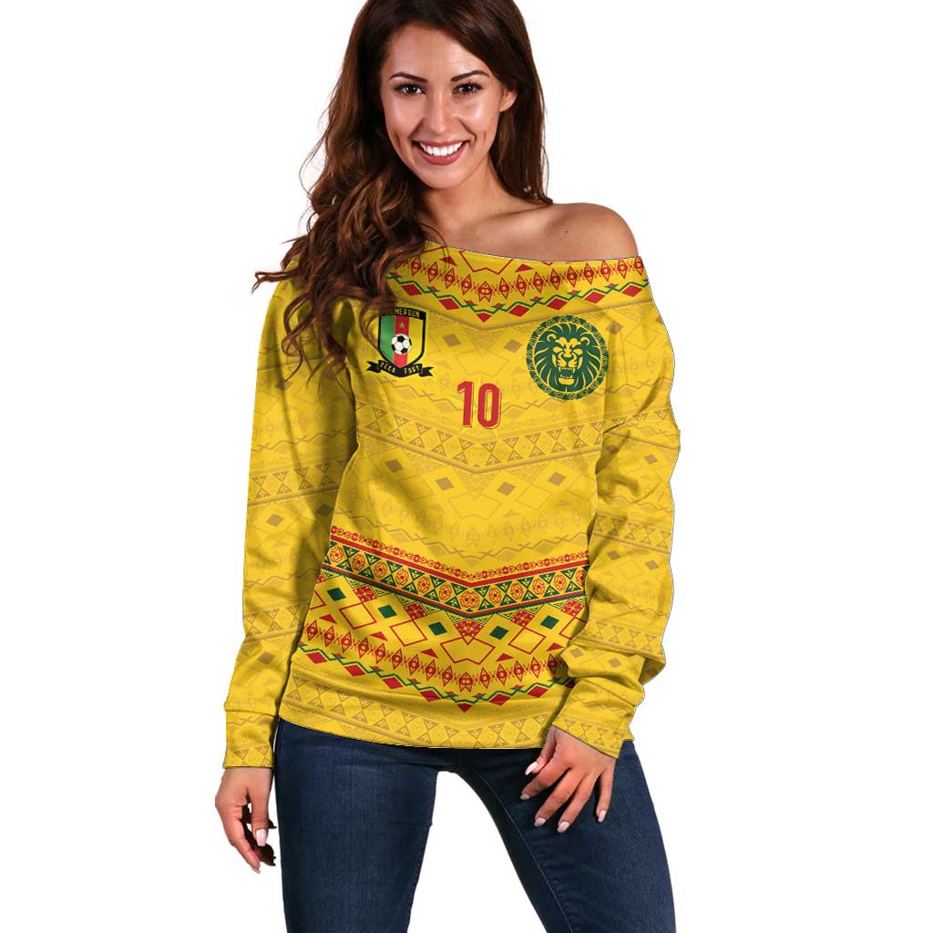 Custom Cameroon Football Off Shoulder Sweater Tribal Motifs Yellow Color - Wonder Print Shop