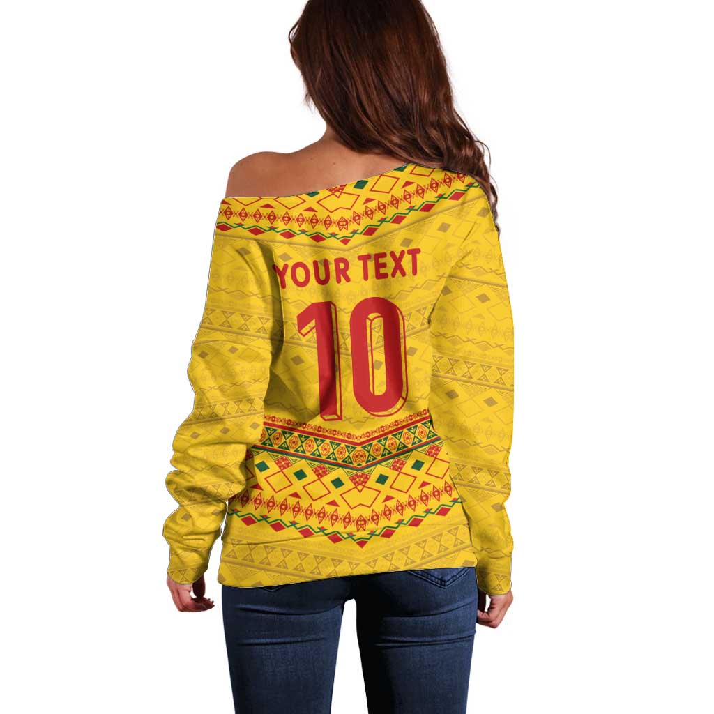 Custom Cameroon Football Off Shoulder Sweater Tribal Motifs Yellow Color - Wonder Print Shop