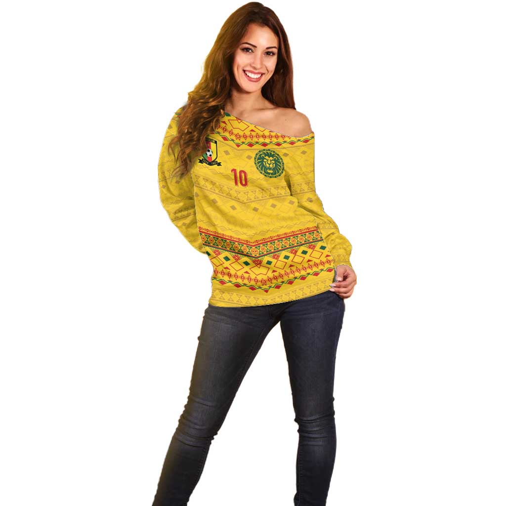 Custom Cameroon Football Off Shoulder Sweater Tribal Motifs Yellow Color - Wonder Print Shop