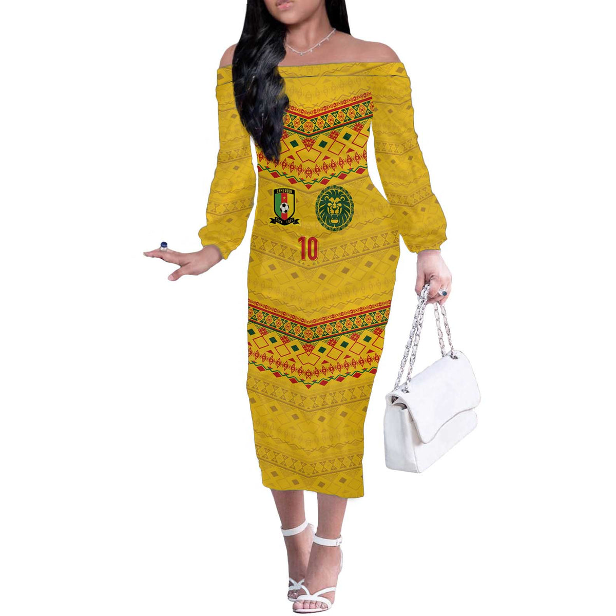 Custom Cameroon Football Off The Shoulder Long Sleeve Dress Tribal Motifs Yellow Color - Wonder Print Shop