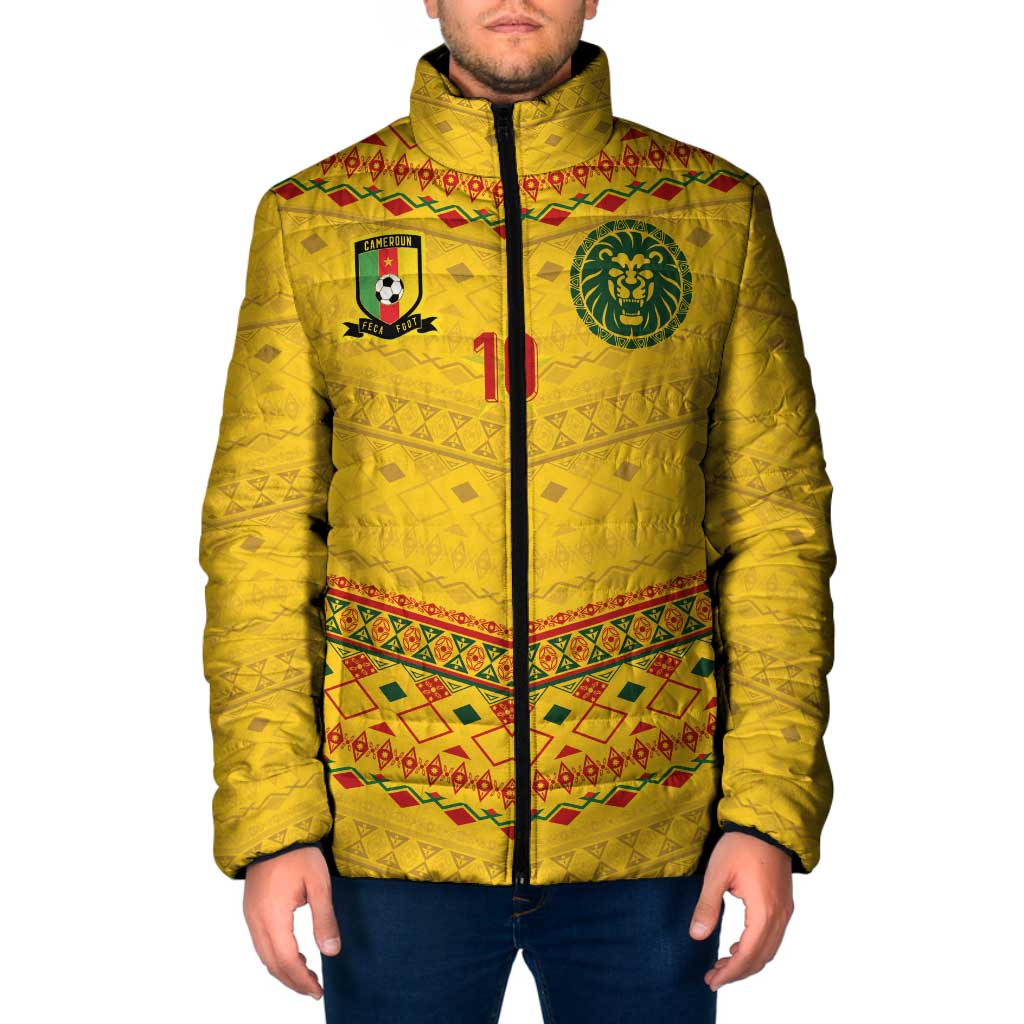 Custom Cameroon Football Padded Jacket Tribal Motifs Yellow Color - Wonder Print Shop