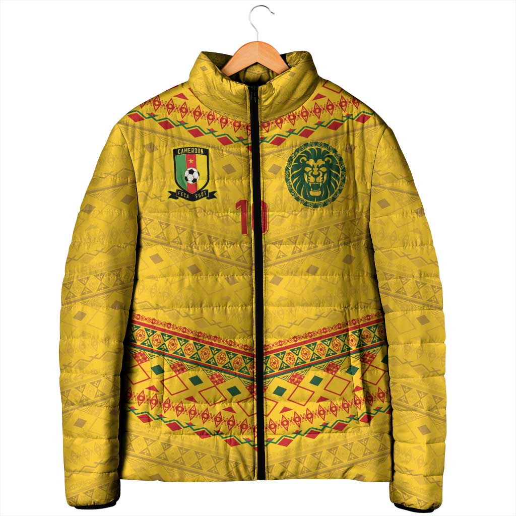 Custom Cameroon Football Padded Jacket Tribal Motifs Yellow Color - Wonder Print Shop