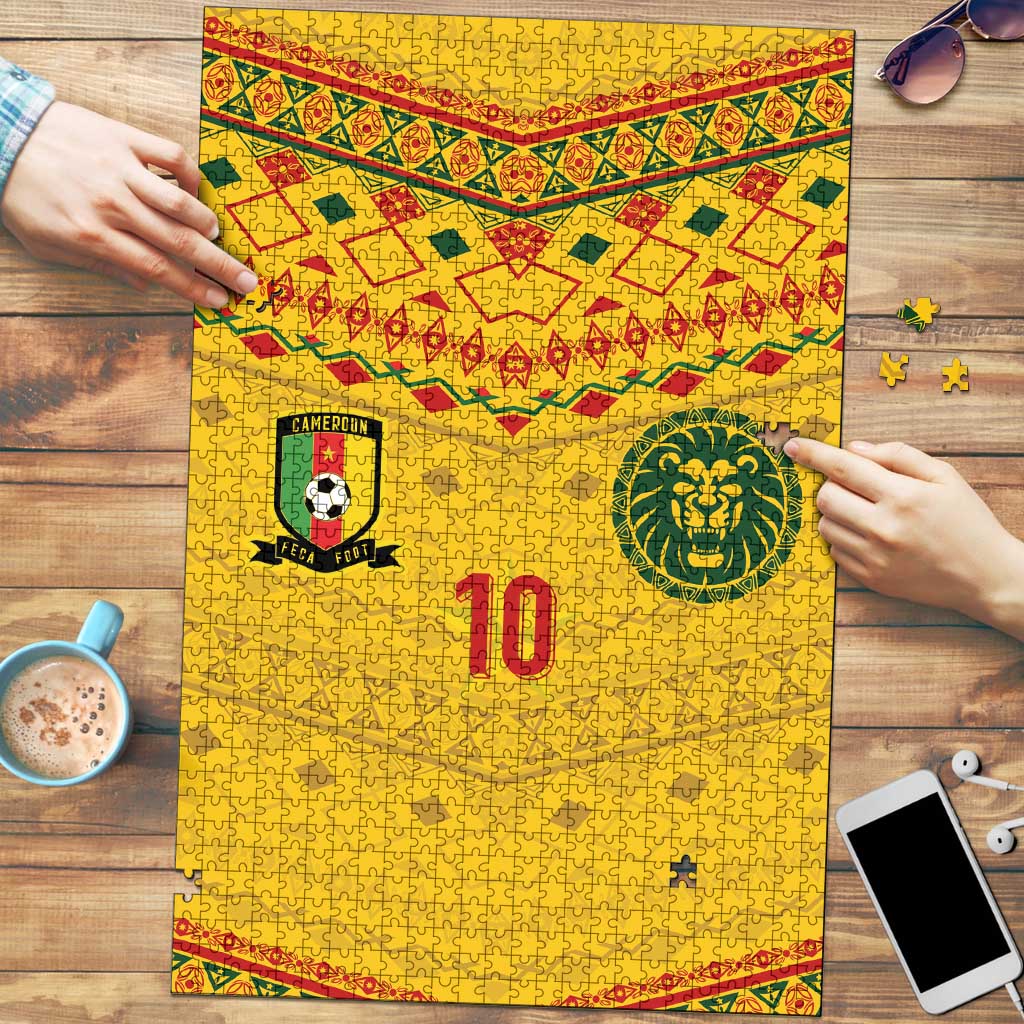 Custom Cameroon Football Puzzle Tribal Motifs Yellow Color - Wonder Print Shop