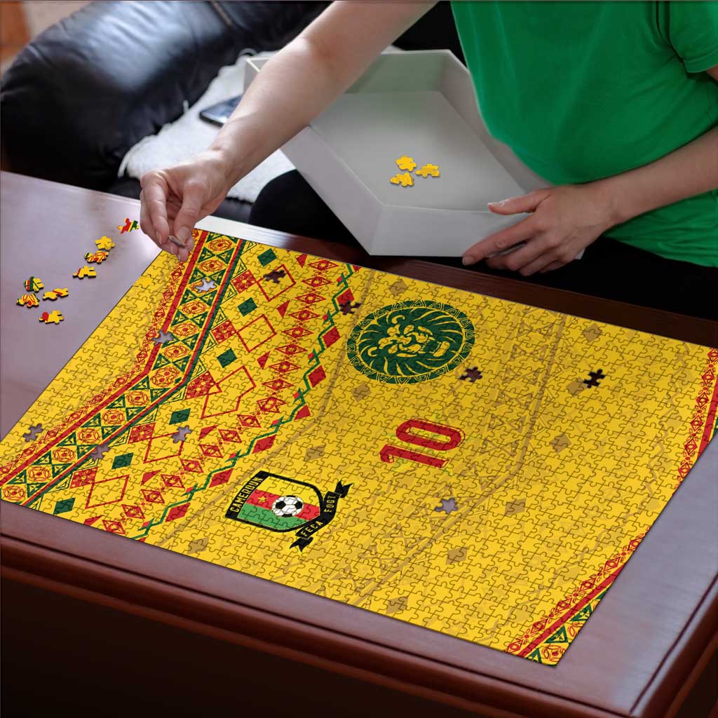 Custom Cameroon Football Puzzle Tribal Motifs Yellow Color - Wonder Print Shop