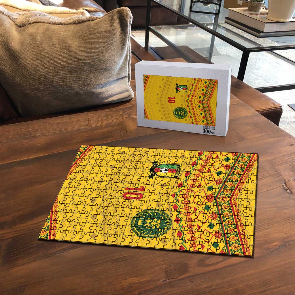 Custom Cameroon Football Puzzle Tribal Motifs Yellow Color - Wonder Print Shop
