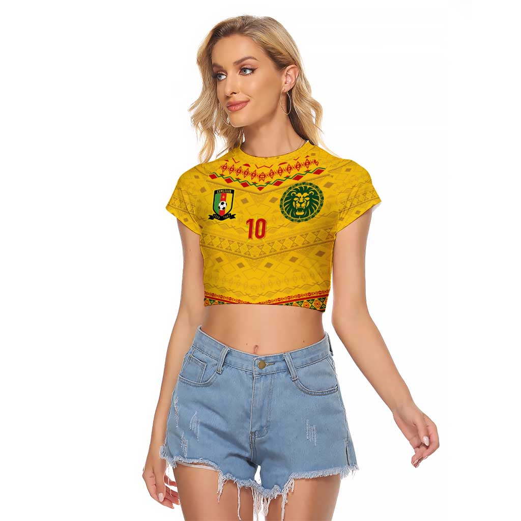 Custom Cameroon Football Raglan Cropped T Shirt Tribal Motifs Yellow Color - Wonder Print Shop