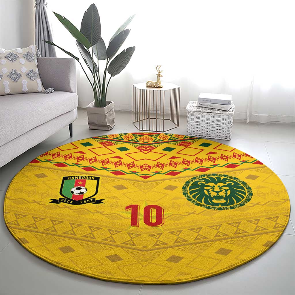 Custom Cameroon Football Round Carpet Tribal Motifs Yellow Color - Wonder Print Shop