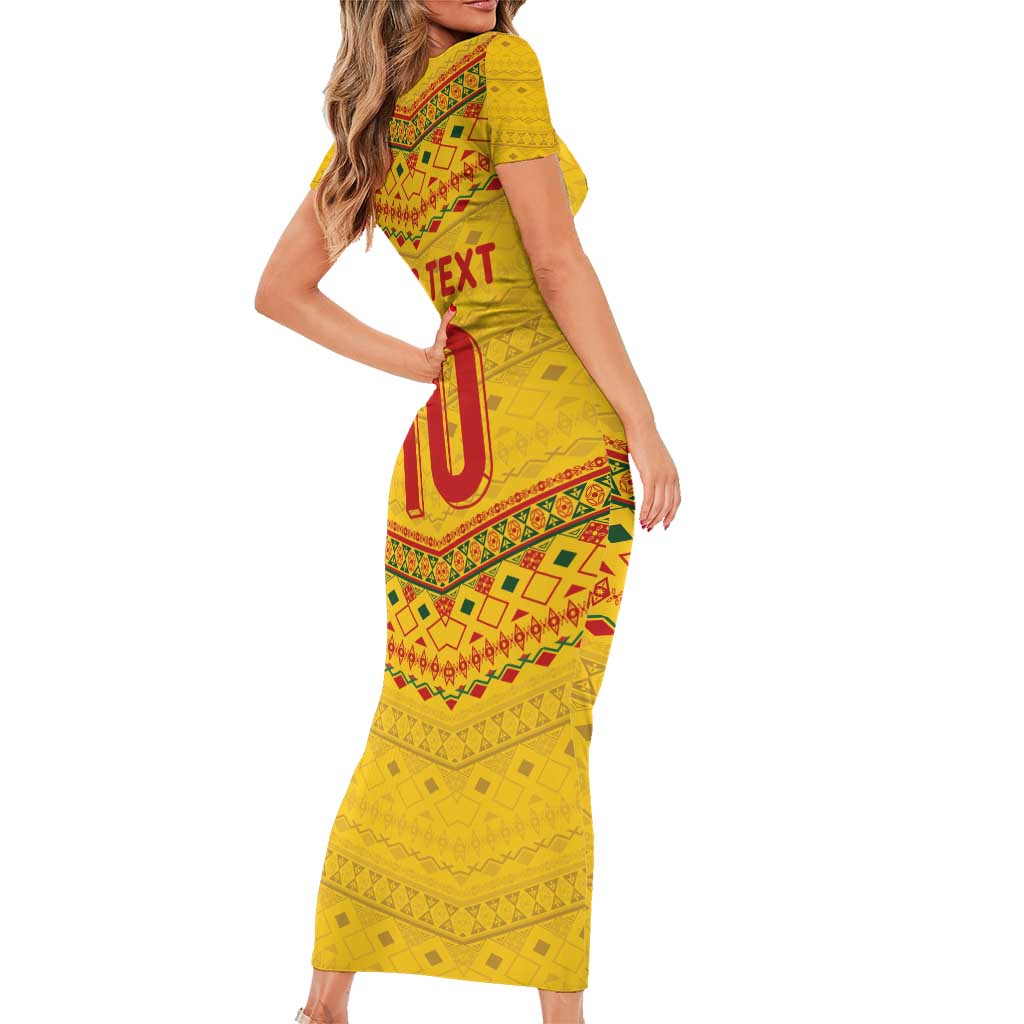Custom Cameroon Football Short Sleeve Bodycon Dress Tribal Motifs Yellow Color - Wonder Print Shop