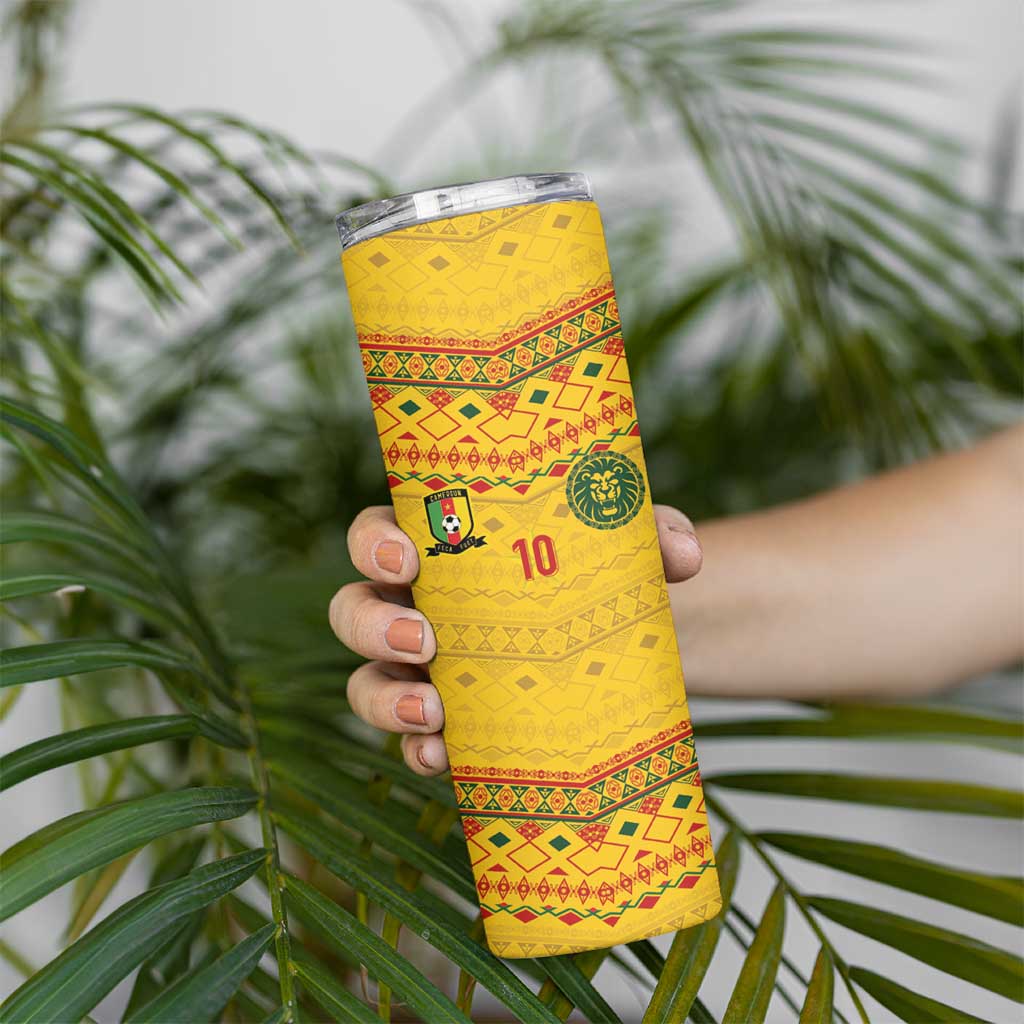 Custom Cameroon Football Skinny Tumbler Tribal Motifs Yellow Color - Wonder Print Shop