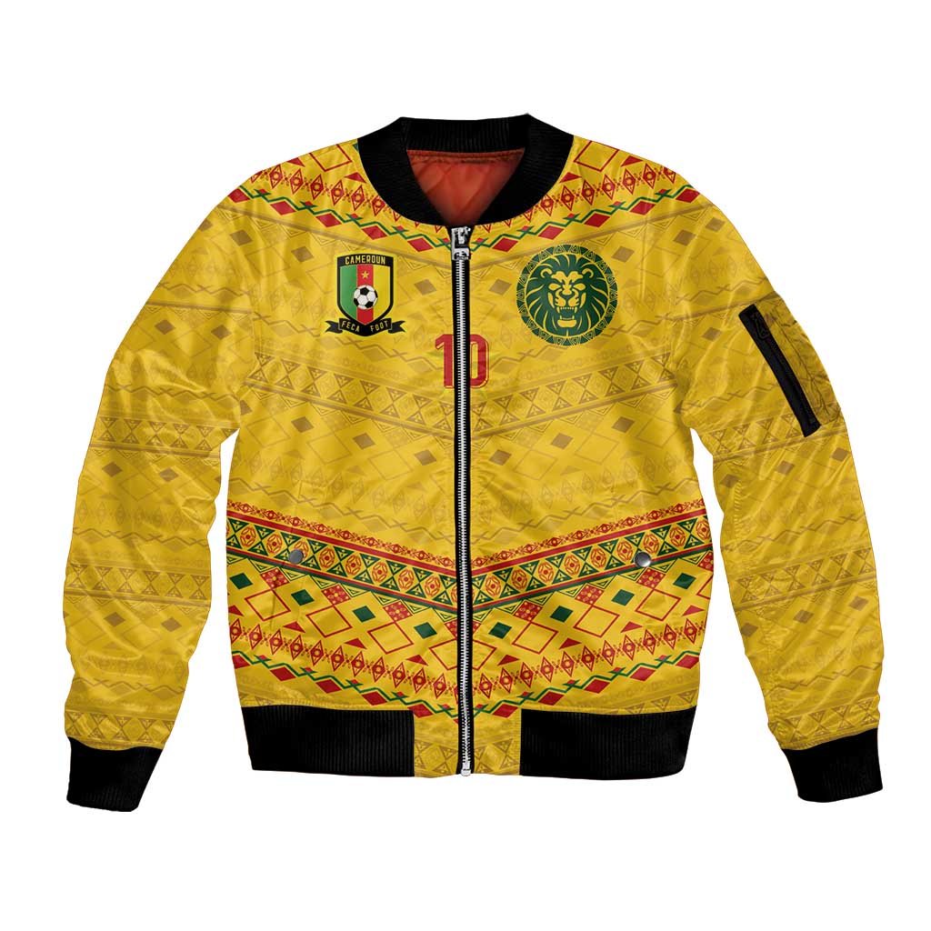 Custom Cameroon Football Sleeve Zip Bomber Jacket Tribal Motifs Yellow Color - Wonder Print Shop
