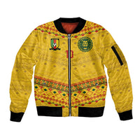 Custom Cameroon Football Sleeve Zip Bomber Jacket Tribal Motifs Yellow Color - Wonder Print Shop