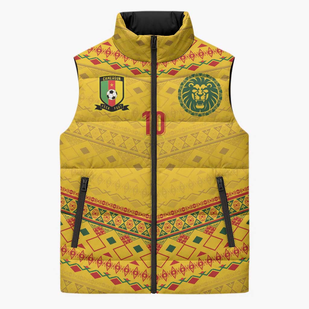 Custom Cameroon Football Sleeveless Puffer Jacket Tribal Motifs Yellow Color - Wonder Print Shop