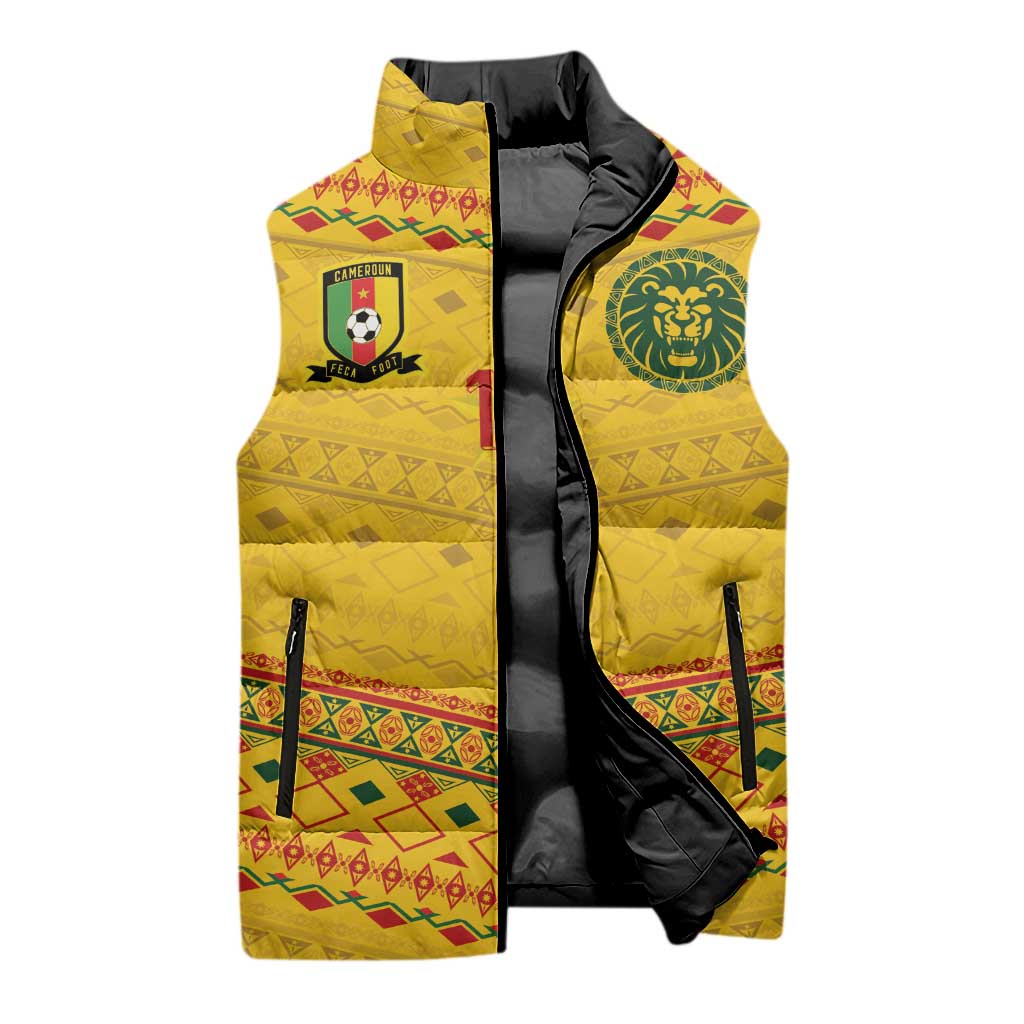 Custom Cameroon Football Sleeveless Puffer Jacket Tribal Motifs Yellow Color - Wonder Print Shop