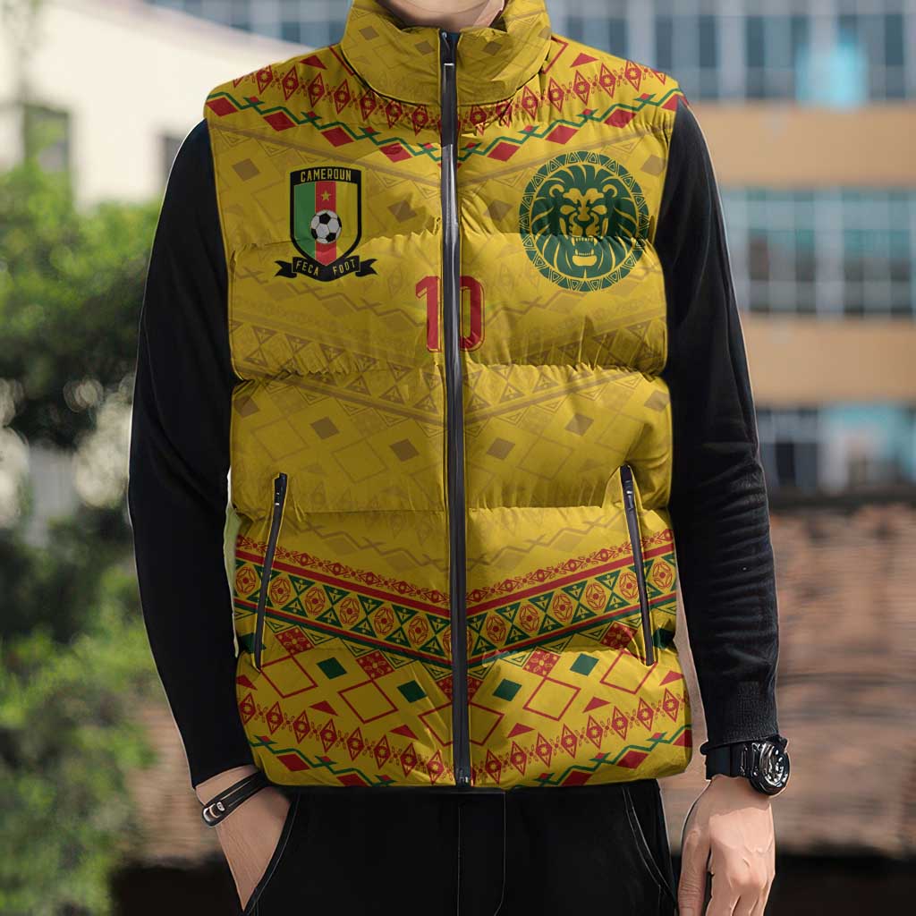 Custom Cameroon Football Sleeveless Puffer Jacket Tribal Motifs Yellow Color - Wonder Print Shop