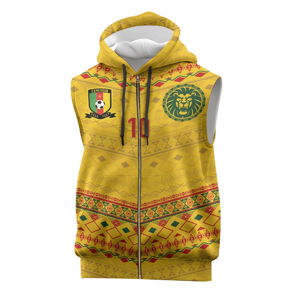 Custom Cameroon Football Sleeveless Zip Hoodie Tribal Motifs Yellow Color - Wonder Print Shop