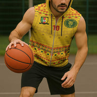 Custom Cameroon Football Sleeveless Zip Hoodie Tribal Motifs Yellow Color - Wonder Print Shop