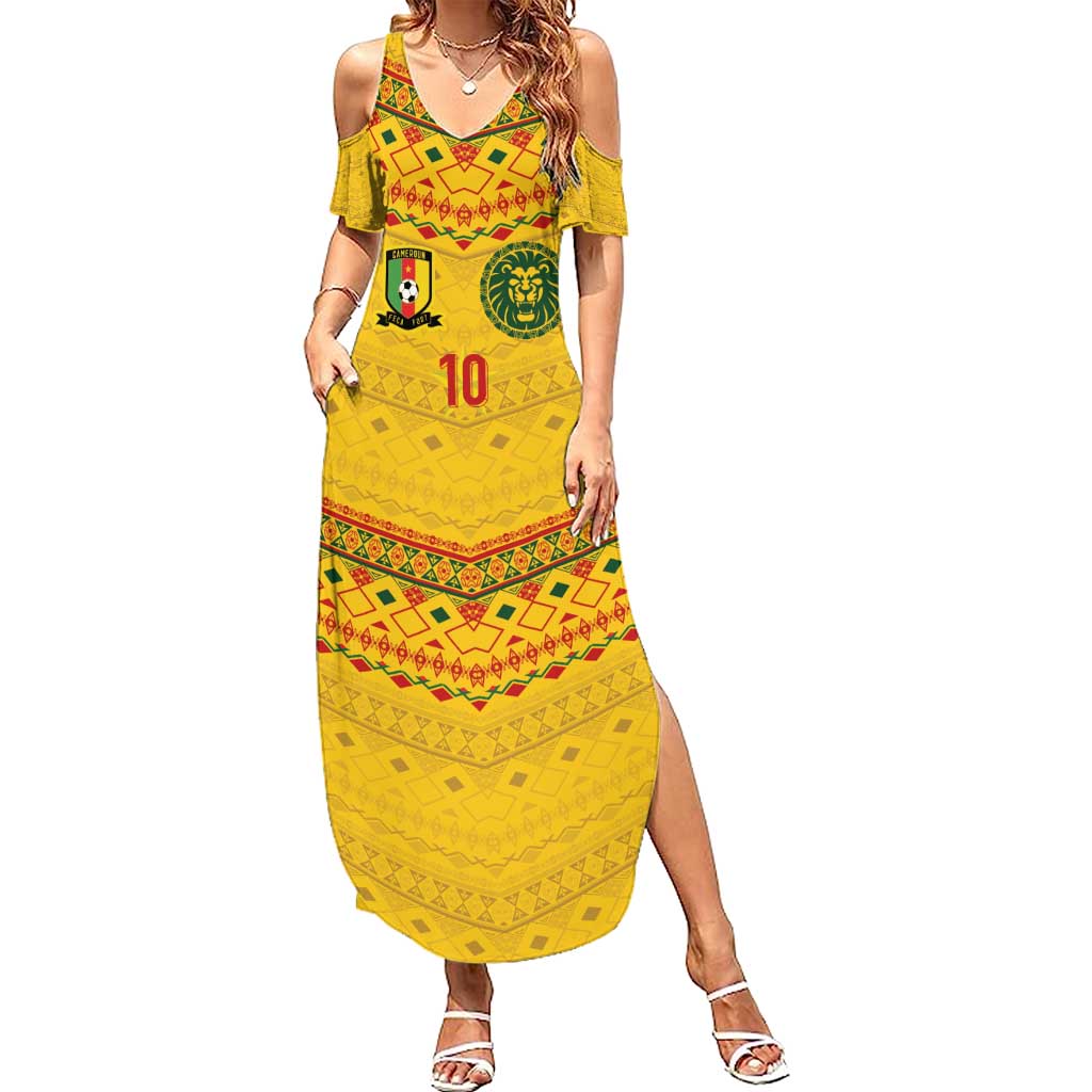 Custom Cameroon Football Summer Maxi Dress Tribal Motifs Yellow Color - Wonder Print Shop