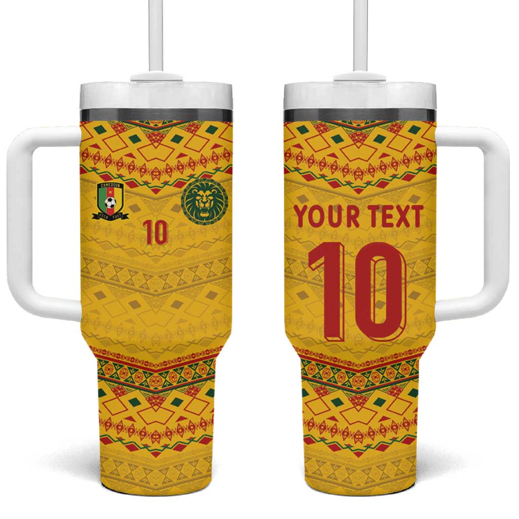 Custom Cameroon Football Tumbler With Handle Tribal Motifs Yellow Color - Wonder Print Shop