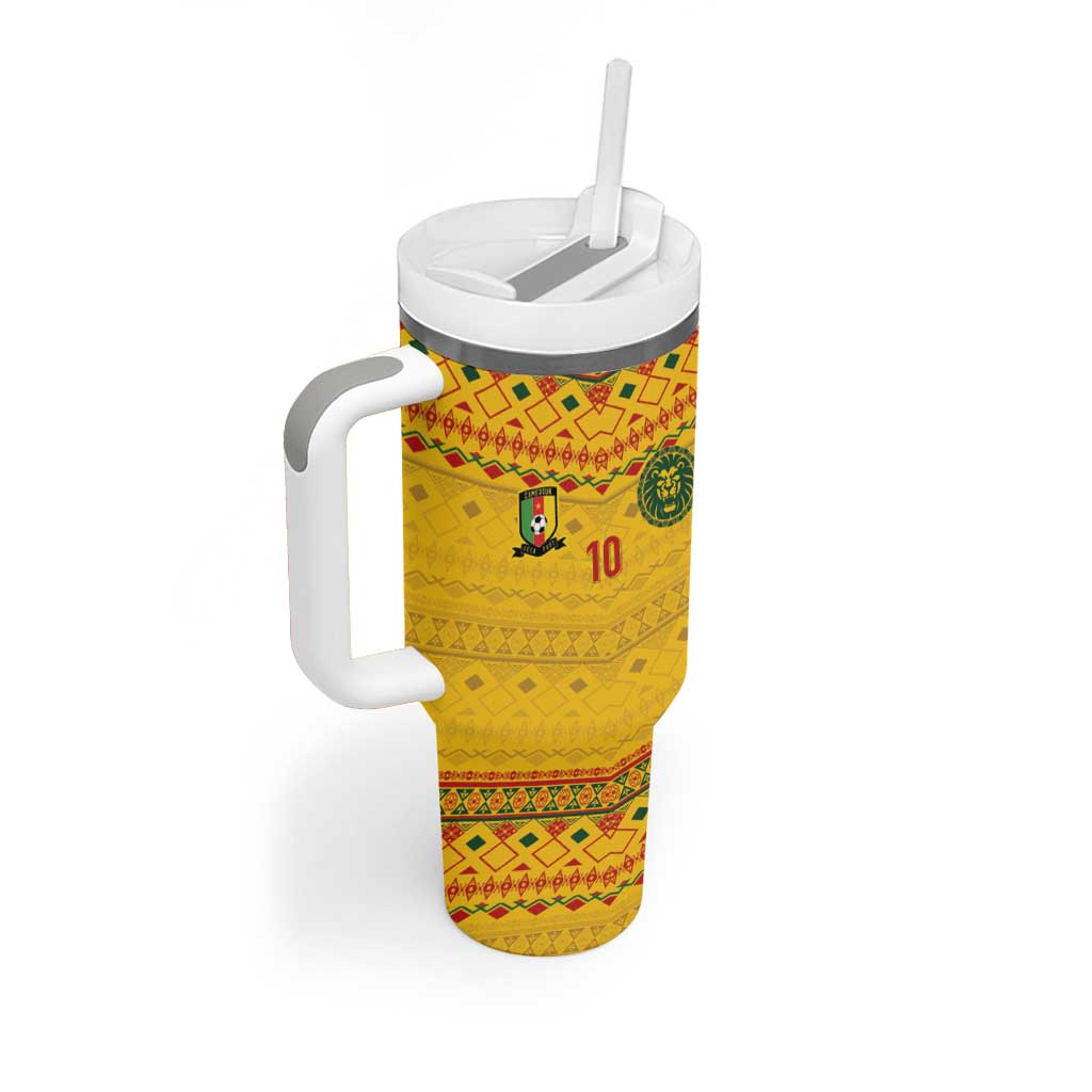 Custom Cameroon Football Tumbler With Handle Tribal Motifs Yellow Color - Wonder Print Shop