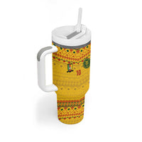 Custom Cameroon Football Tumbler With Handle Tribal Motifs Yellow Color - Wonder Print Shop