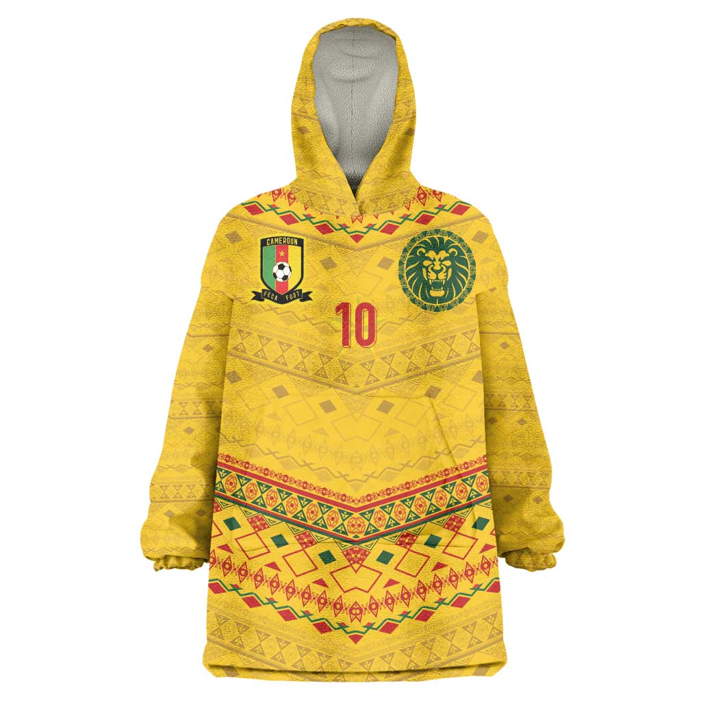 Custom Cameroon Football Wearable Blanket Hoodie Tribal Motifs Yellow Color - Wonder Print Shop