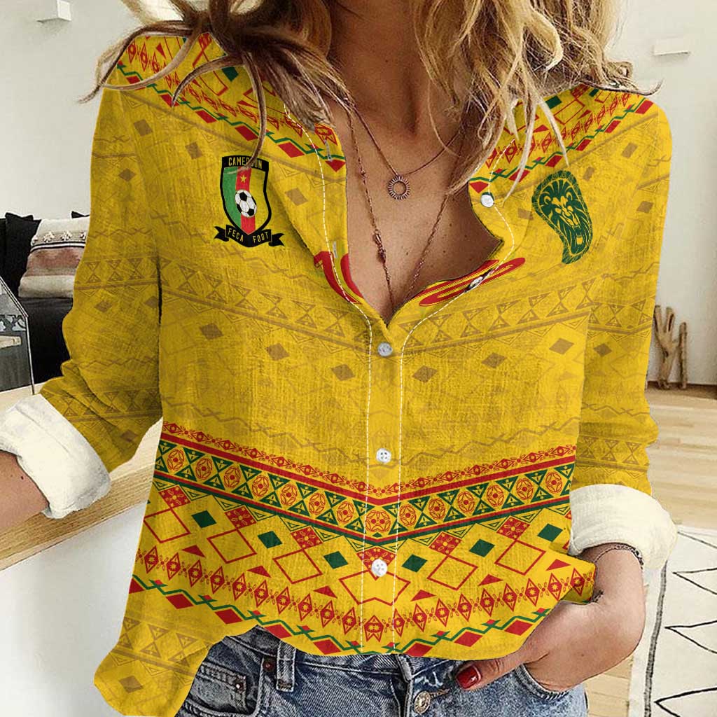 Custom Cameroon Football Women Casual Shirt Tribal Motifs Yellow Color - Wonder Print Shop