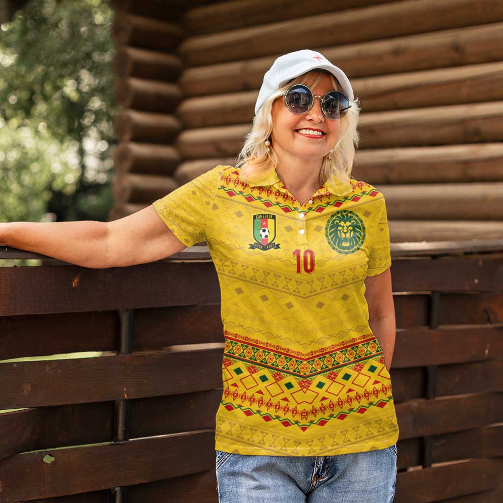 Custom Cameroon Football Women Polo Shirt Tribal Motifs Yellow Color - Wonder Print Shop