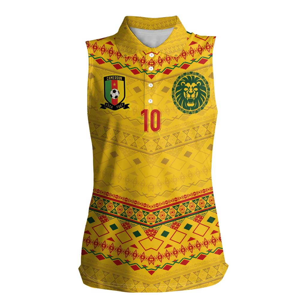 Custom Cameroon Football Women Sleeveless Polo Shirt Tribal Motifs Yellow Color - Wonder Print Shop