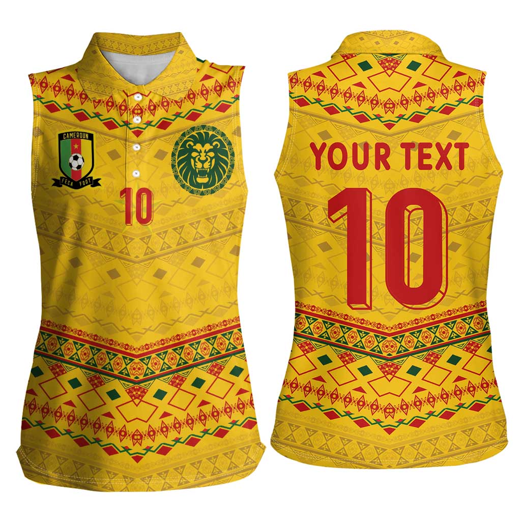 Custom Cameroon Football Women Sleeveless Polo Shirt Tribal Motifs Yellow Color - Wonder Print Shop
