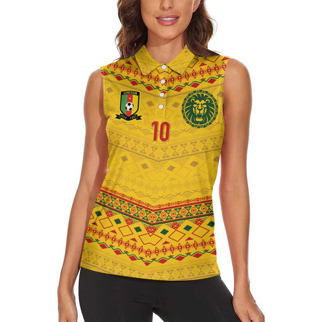 Custom Cameroon Football Women Sleeveless Polo Shirt Tribal Motifs Yellow Color - Wonder Print Shop