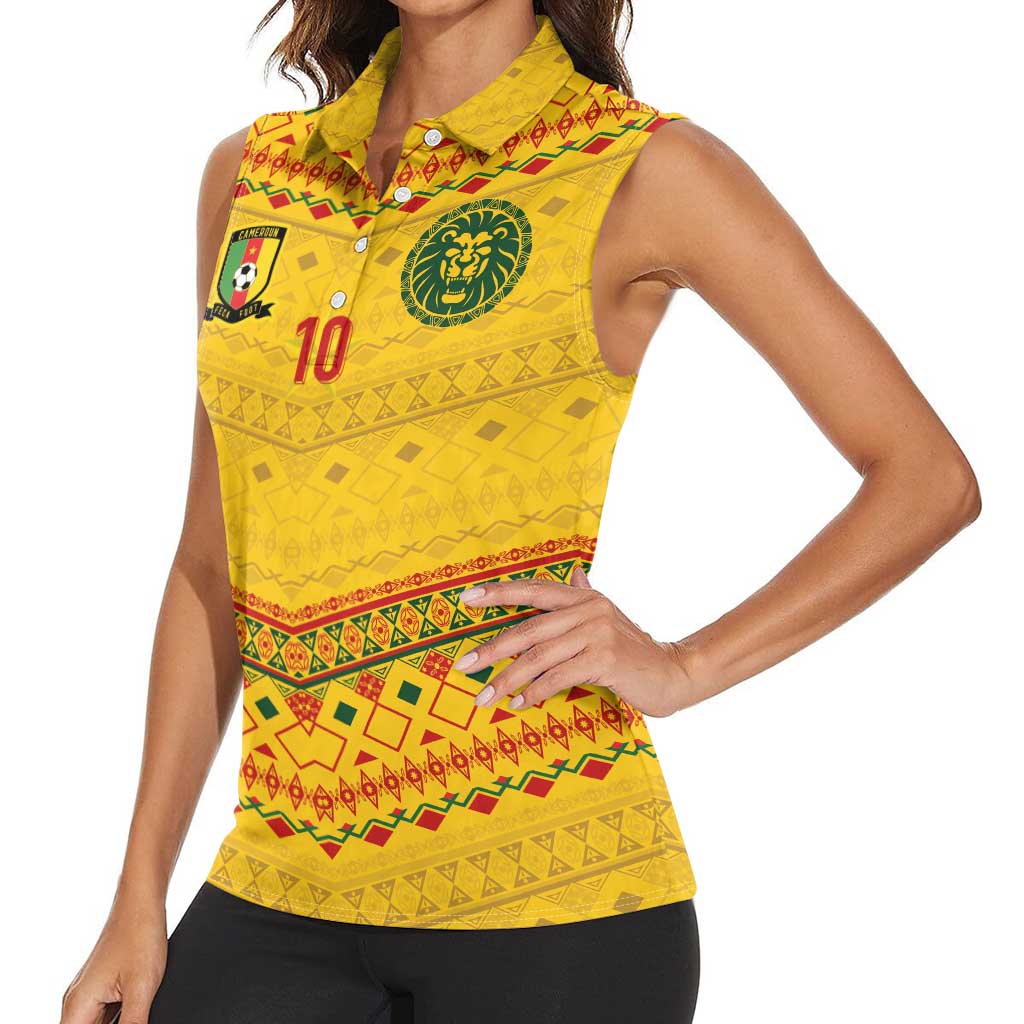 Custom Cameroon Football Women Sleeveless Polo Shirt Tribal Motifs Yellow Color - Wonder Print Shop