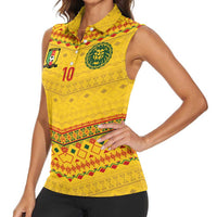 Custom Cameroon Football Women Sleeveless Polo Shirt Tribal Motifs Yellow Color - Wonder Print Shop