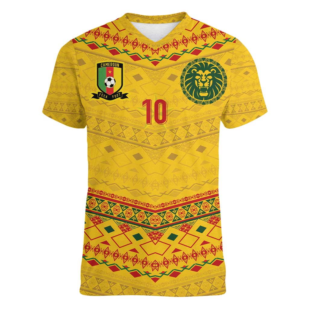 Custom Cameroon Football Women V-Neck T-Shirt Tribal Motifs Yellow Color - Wonder Print Shop