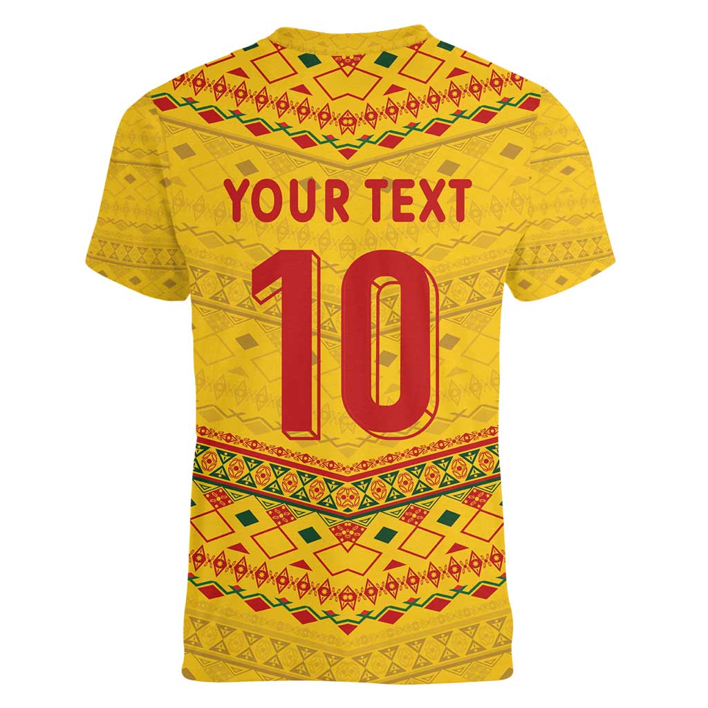 Custom Cameroon Football Women V-Neck T-Shirt Tribal Motifs Yellow Color - Wonder Print Shop