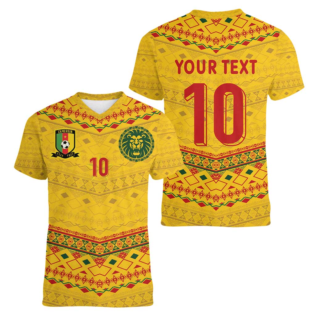 Custom Cameroon Football Women V-Neck T-Shirt Tribal Motifs Yellow Color - Wonder Print Shop