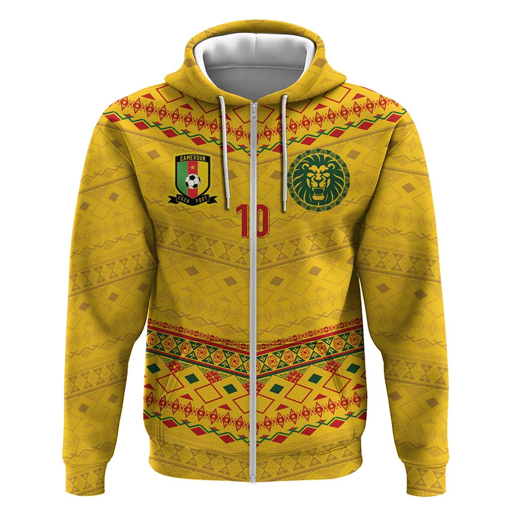 Custom Cameroon Football Zip Hoodie Tribal Motifs Yellow Color - Wonder Print Shop