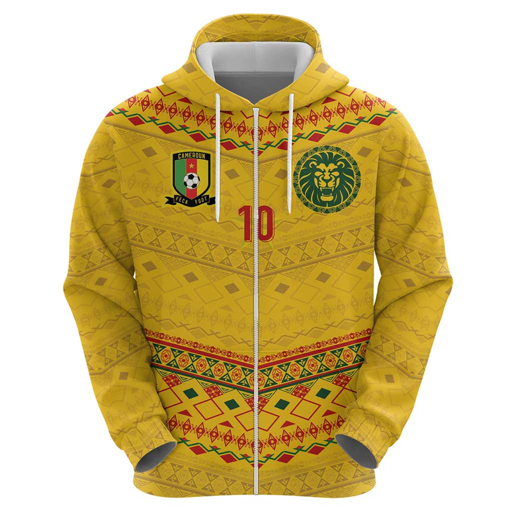 Custom Cameroon Football Zip Hoodie Tribal Motifs Yellow Color - Wonder Print Shop
