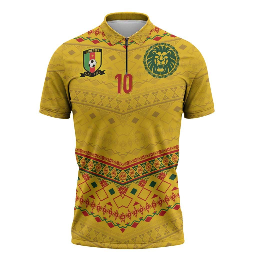 Custom Cameroon Football Zipper Polo Shirt Tribal Motifs Yellow Color - Wonder Print Shop