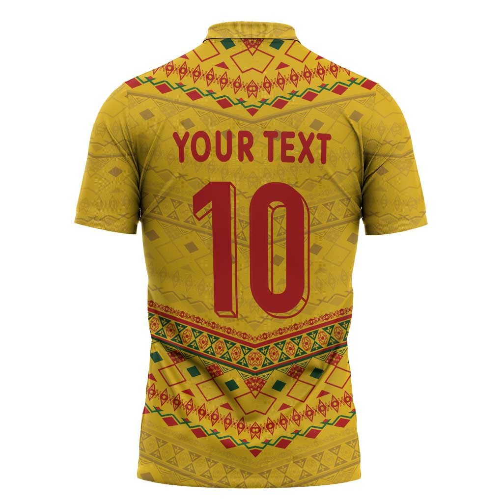 Custom Cameroon Football Zipper Polo Shirt Tribal Motifs Yellow Color - Wonder Print Shop