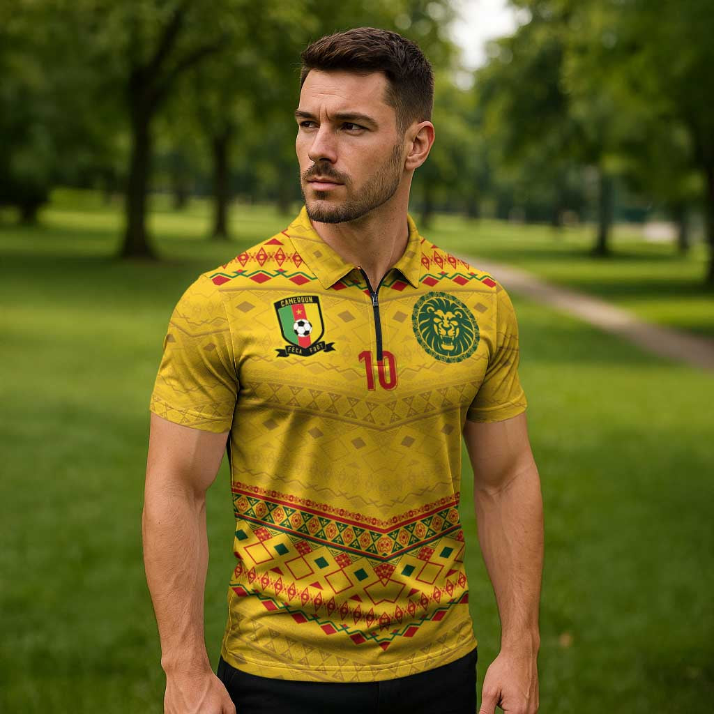 Custom Cameroon Football Zipper Polo Shirt Tribal Motifs Yellow Color - Wonder Print Shop