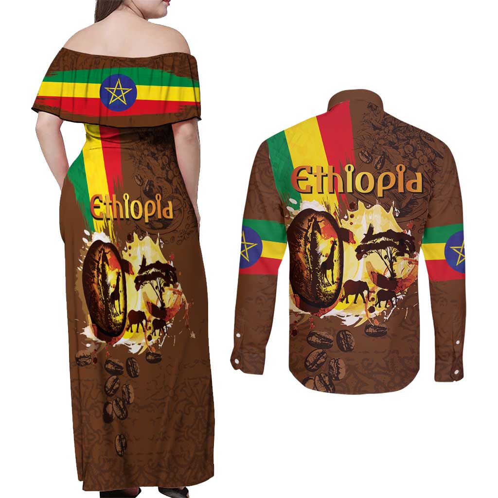 Ethiopia Culture - Proud of Coffee Couples Matching Off Shoulder Maxi Dress and Long Sleeve Button Shirt
