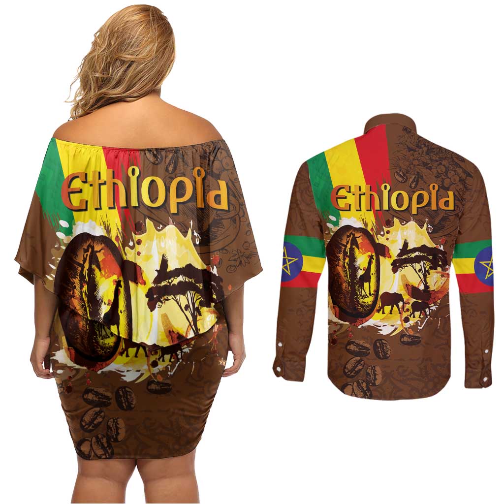 Ethiopia Culture - Proud of Coffee Couples Matching Off Shoulder Short Dress and Long Sleeve Button Shirt