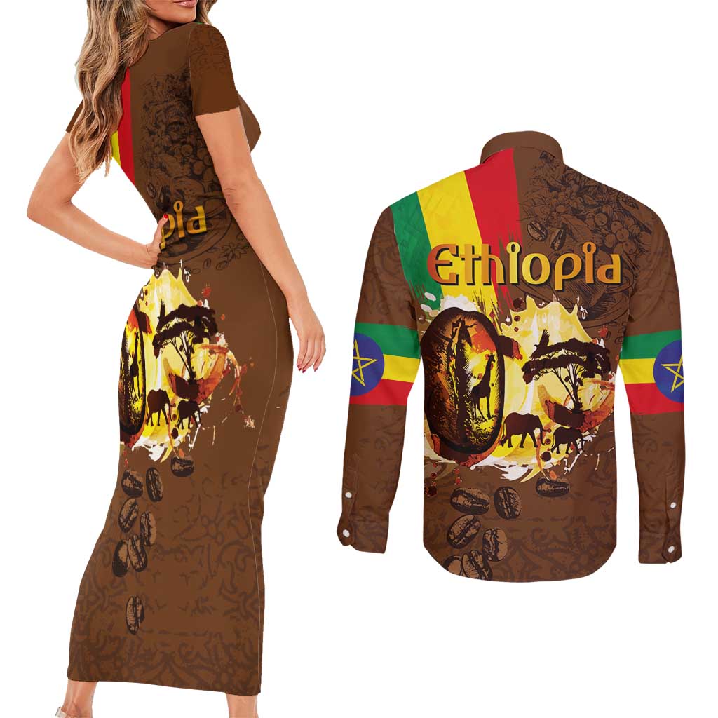 Ethiopia Culture - Proud of Coffee Couples Matching Short Sleeve Bodycon Dress and Long Sleeve Button Shirt