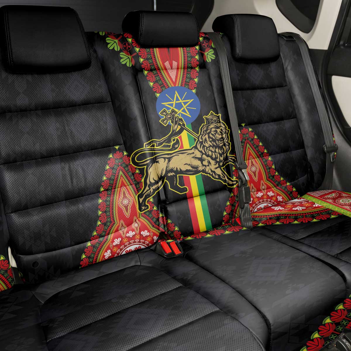 Ethiopia Culture Back Car Seat Cover Lion of Judah with The Star Seal - Dashiki Style